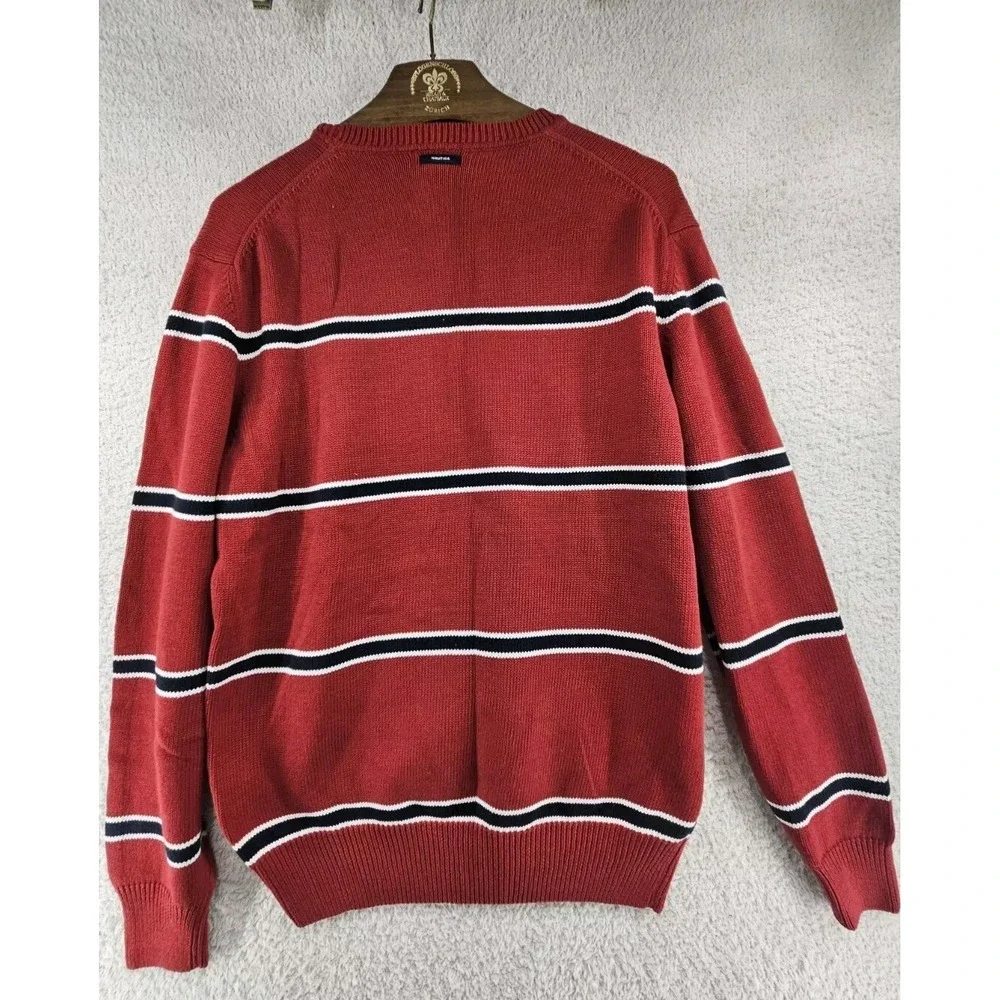 New Nautica Mens Large Red Striped Long Sleeve Sweater Pullover Crewneck